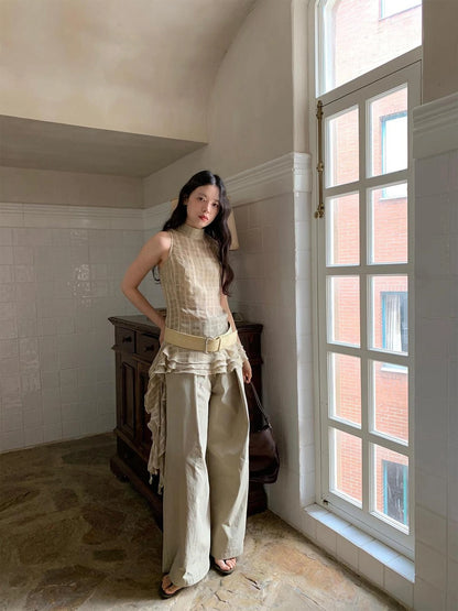 Vintage Lace Trim Checked Bustier Top