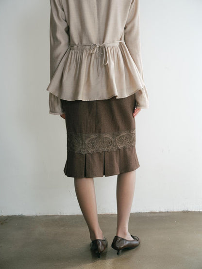 Dorydory Vintage Lace Trim Pleated Hem High Waist Mermaid Wool Women&