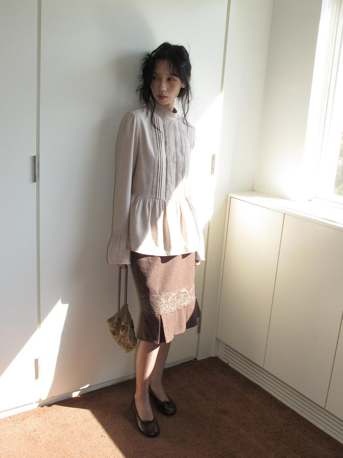 Dorydory Vintage Lace Trim Pleated Hem High Waist Mermaid Wool Women&