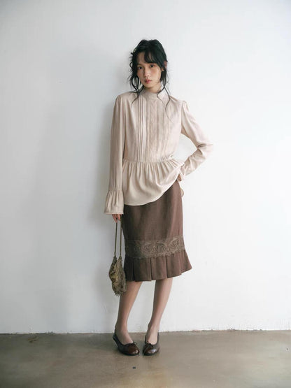 Dorydory Vintage Lace Trim Pleated Hem High Waist Mermaid Wool Women&