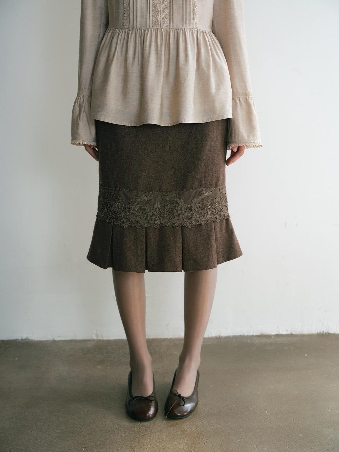 Dorydory Vintage Lace Trim Pleated Hem High Waist Mermaid Wool Women&