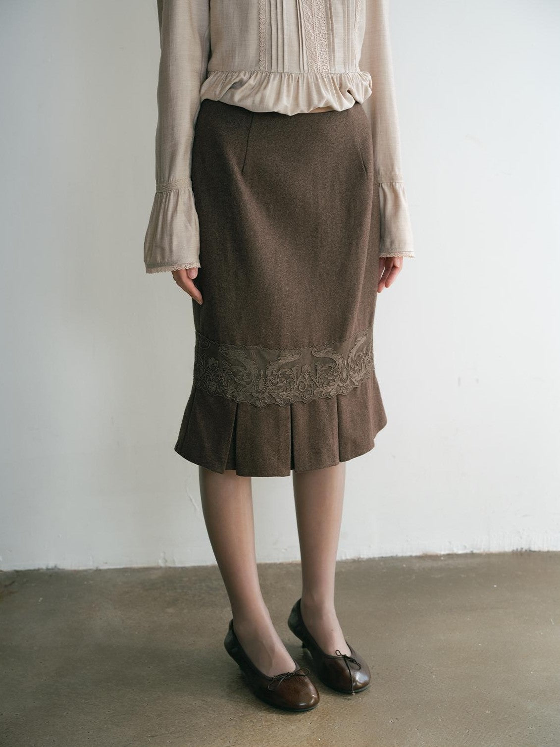 Dorydory Vintage Lace Trim Pleated Hem High Waist Mermaid Wool Women&