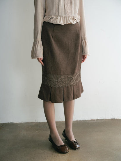 Dorydory Vintage Lace Trim Pleated Hem High Waist Mermaid Wool Women&