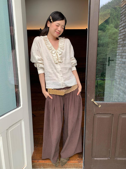 Dorydory Vintage Lace Trimmed V-Neck Blouse With Floral Lace