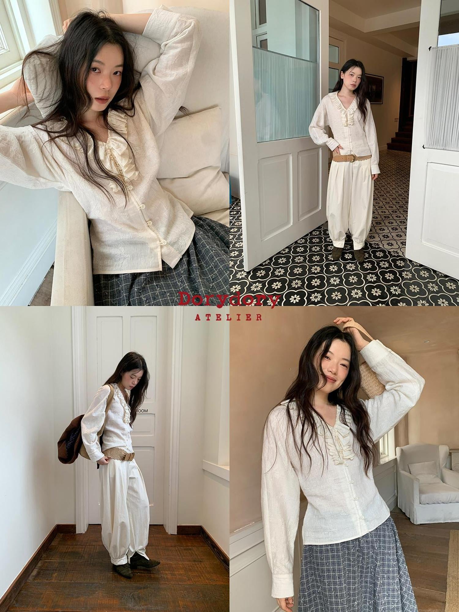 Dorydory Vintage Lace Trimmed V-Neck Blouse With Floral Lace