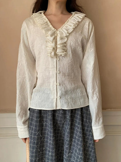 Vintage Lace Trimmed V-Neck Blouse With Floral Lace