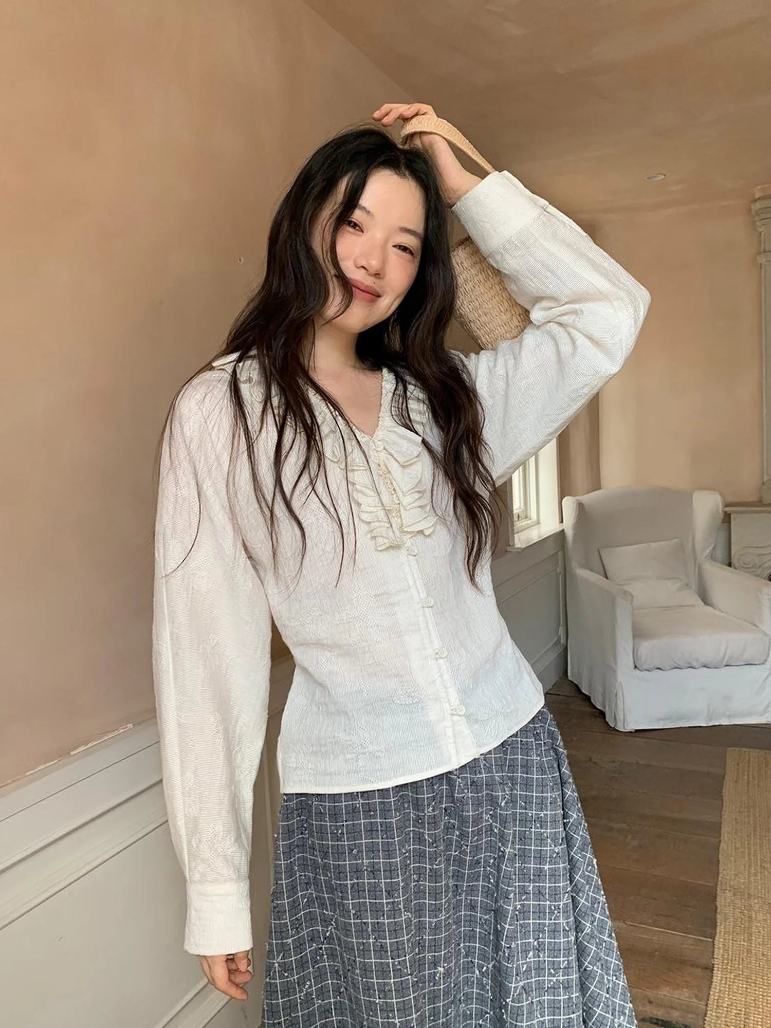 Vintage Lace Trimmed V-Neck Blouse With Floral Lace