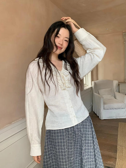 Vintage Lace Trimmed V-Neck Blouse With Floral Lace