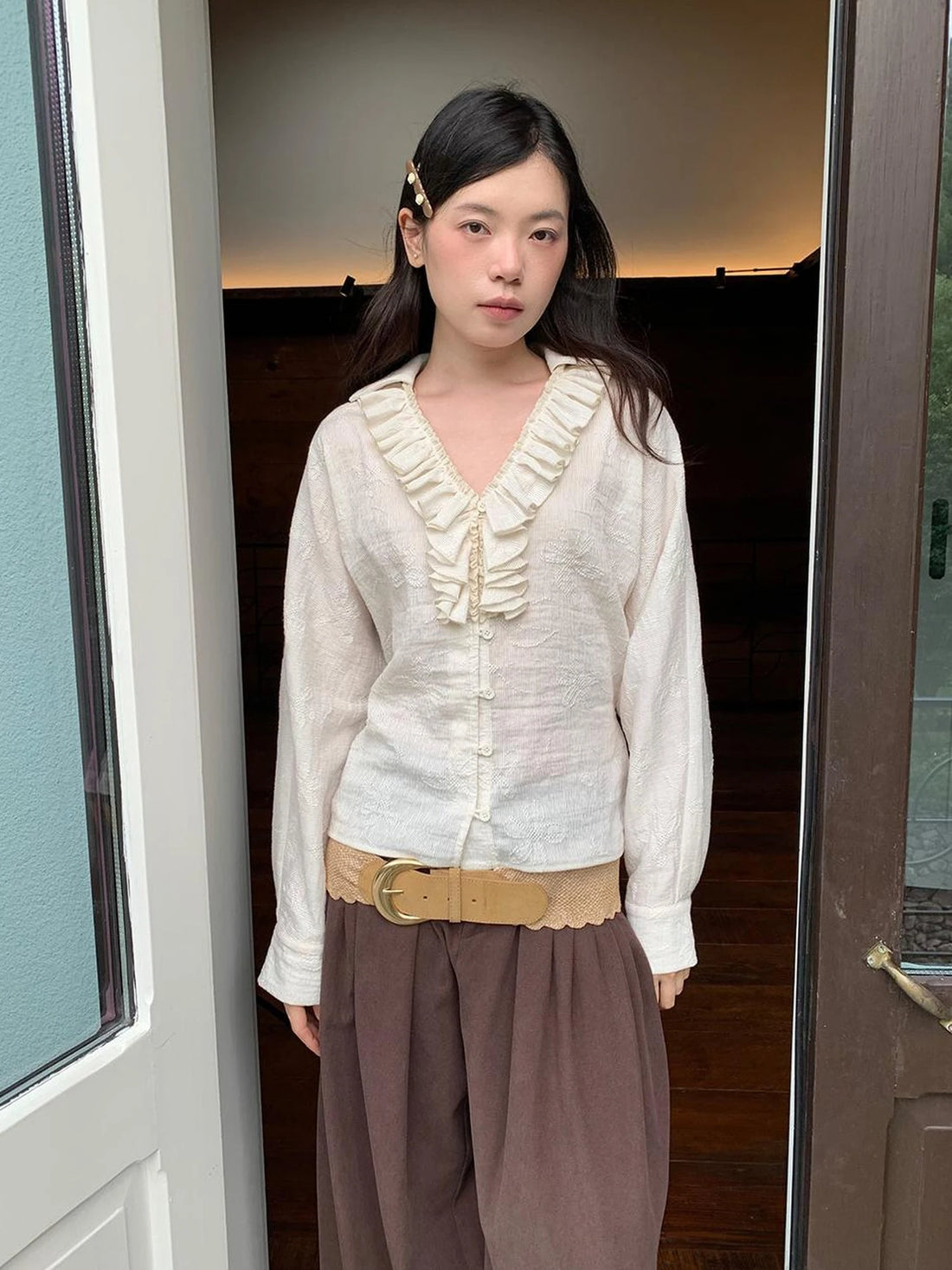 Vintage Lace Trimmed V-Neck Blouse With Floral Lace