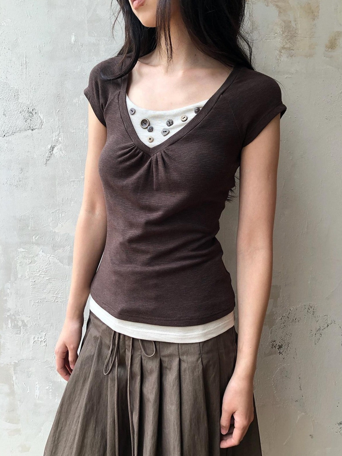 Dorydory Vintage Patchwork Button Faux Layered Women&