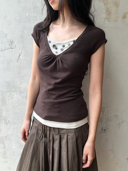 Dorydory Vintage Patchwork Button Faux Layered Women&