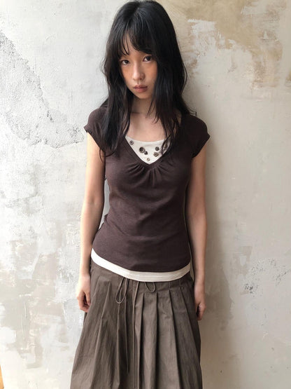 Dorydory Vintage Patchwork Button Faux Layered Women&