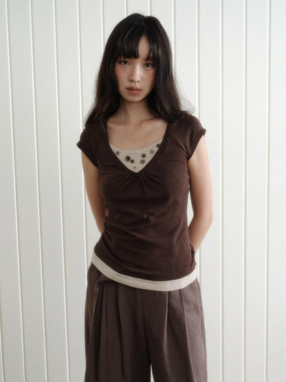 Dorydory Vintage Patchwork Button Faux Layered Women&