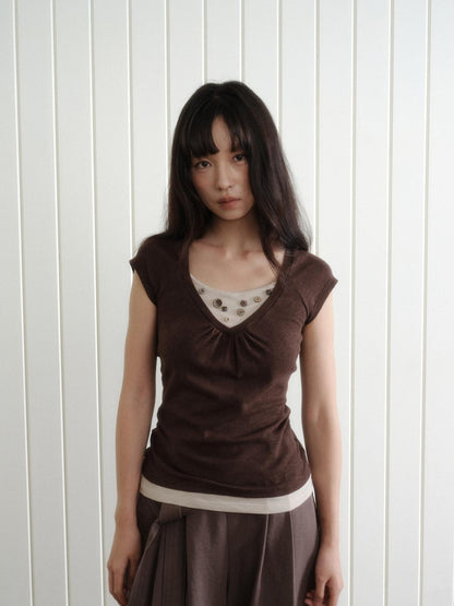 Dorydory Vintage Patchwork Button Faux Layered Women&