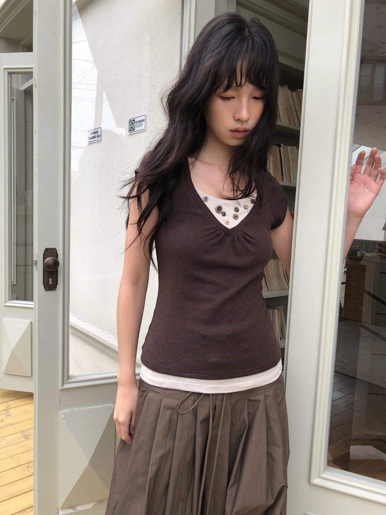 Dorydory Vintage Patchwork Button Faux Layered Women&