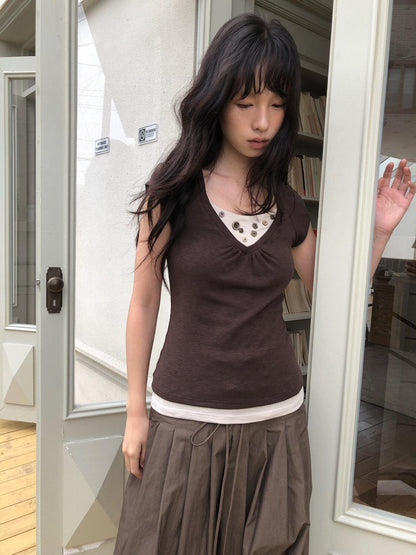 Dorydory Vintage Patchwork Button Faux Layered Women&