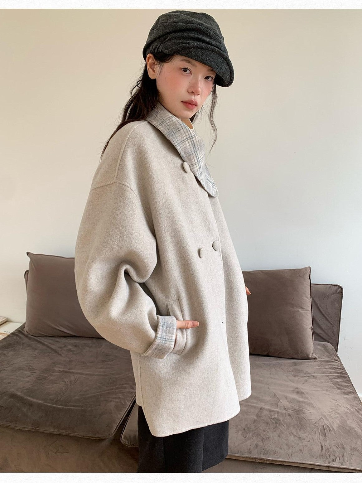 Dorydory Vintage Plaid Double Breasted Notched Collar Women&
