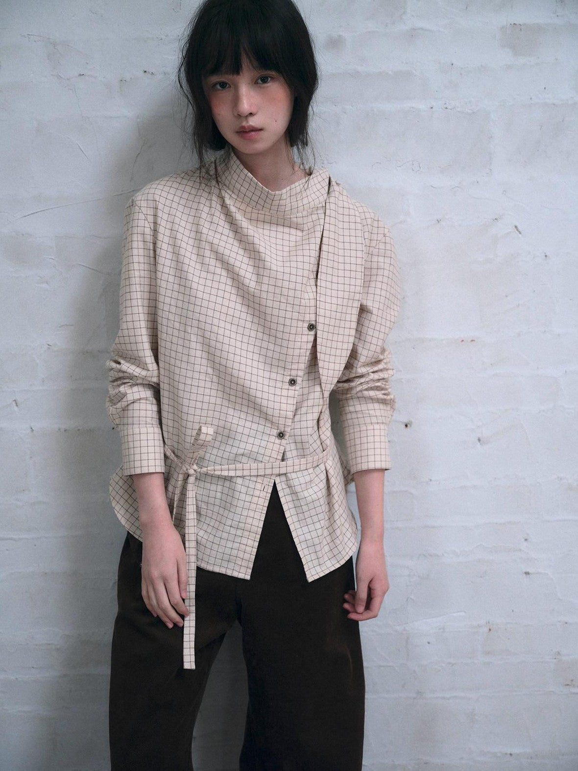 Dorydory Vintage Plaid Mock Neck Button Front Women&