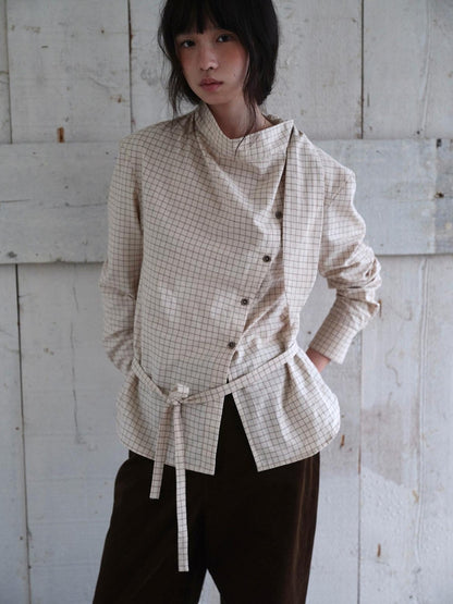 Dorydory Vintage Plaid Mock Neck Button Front Women&
