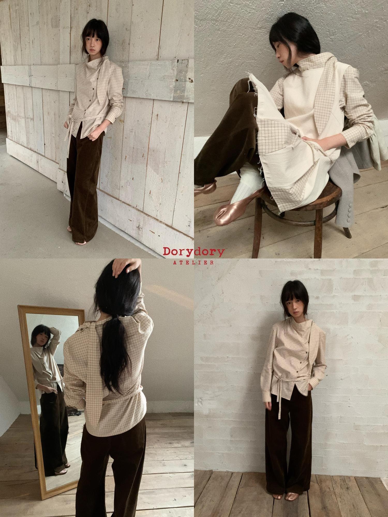 Dorydory Vintage Plaid Mock Neck Button Front Women&