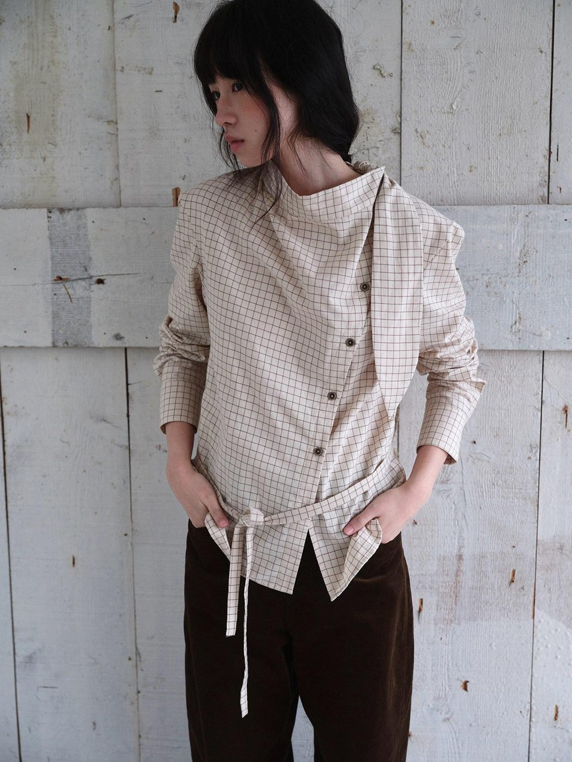 Dorydory Vintage Plaid Mock Neck Button Front Women&
