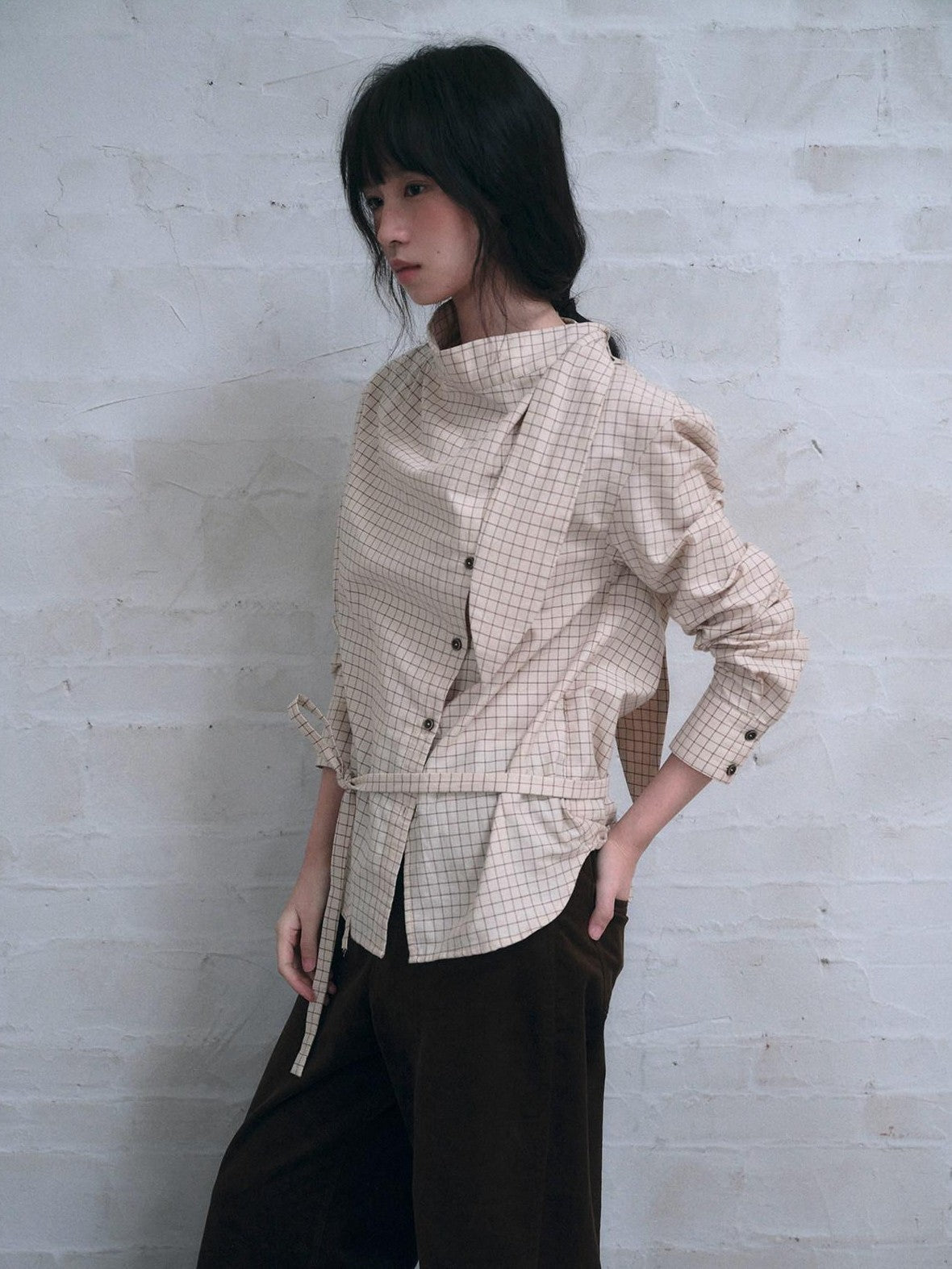 Dorydory Vintage Plaid Mock Neck Button Front Women&
