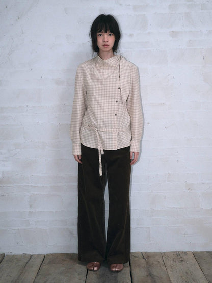 Dorydory Vintage Plaid Mock Neck Button Front Women&