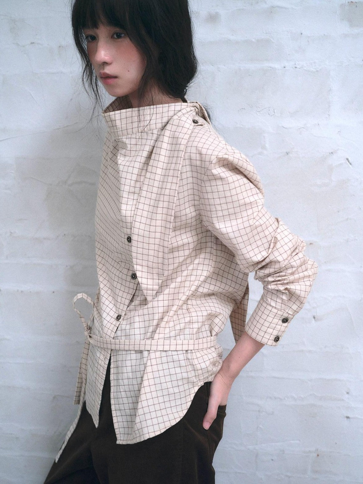 Dorydory Vintage Plaid Mock Neck Button Front Women&