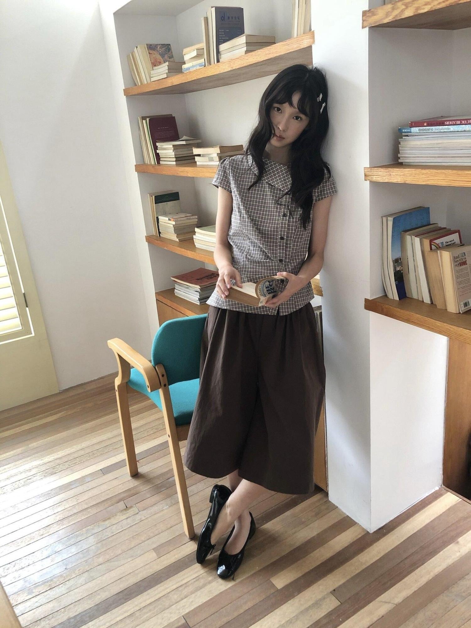 Dorydory Vintage Plaid Side Turnover Collar Women&