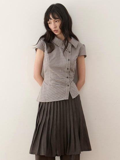 Dorydory Vintage Plaid Side Turnover Collar Women&