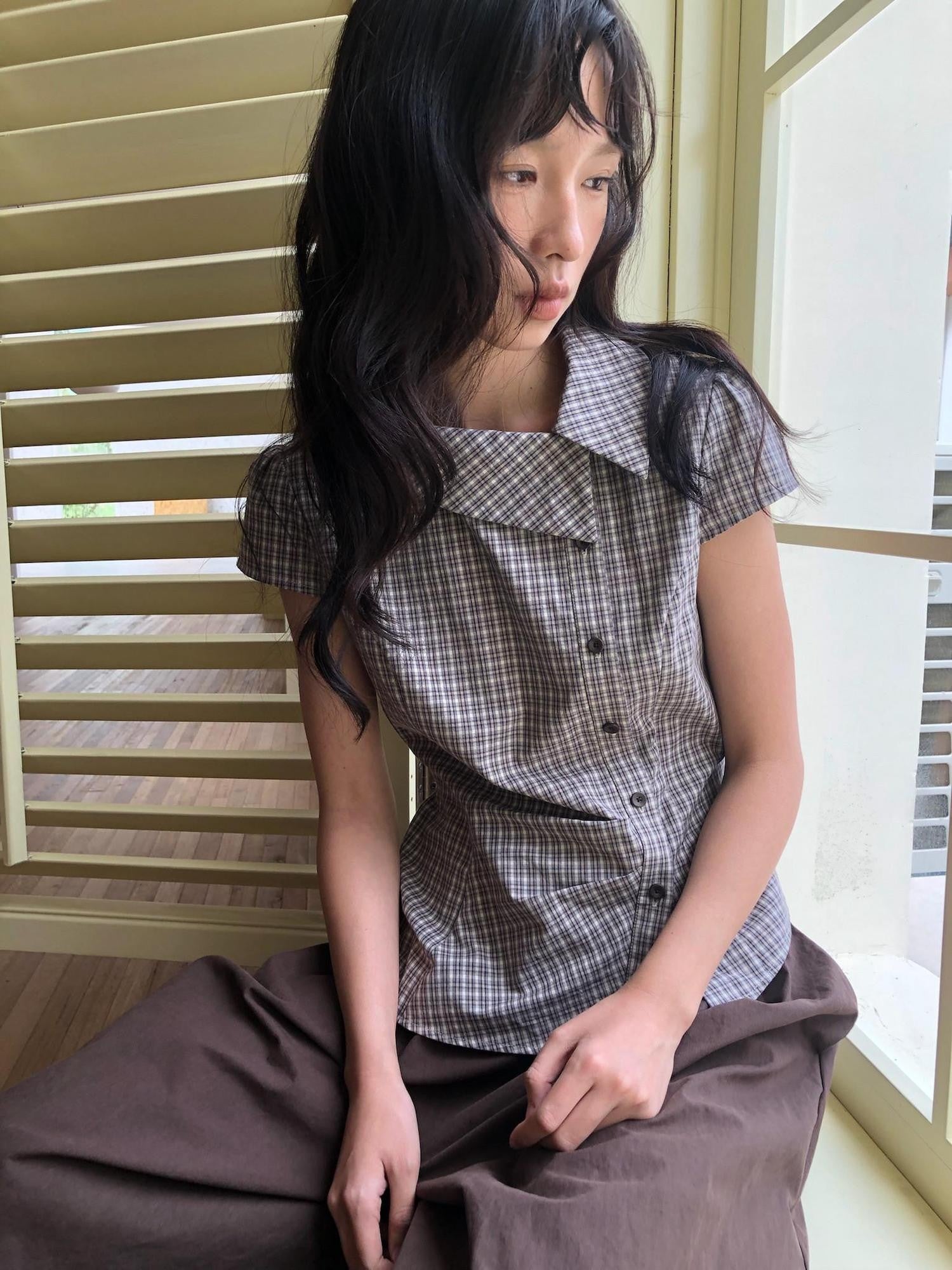Dorydory Vintage Plaid Side Turnover Collar Women&