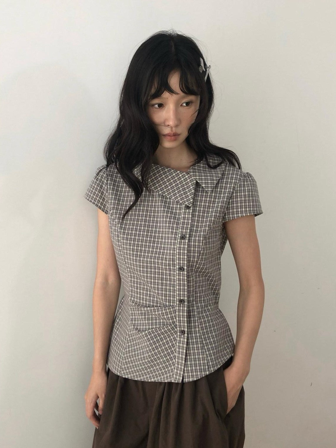 Dorydory Vintage Plaid Side Turnover Collar Women&