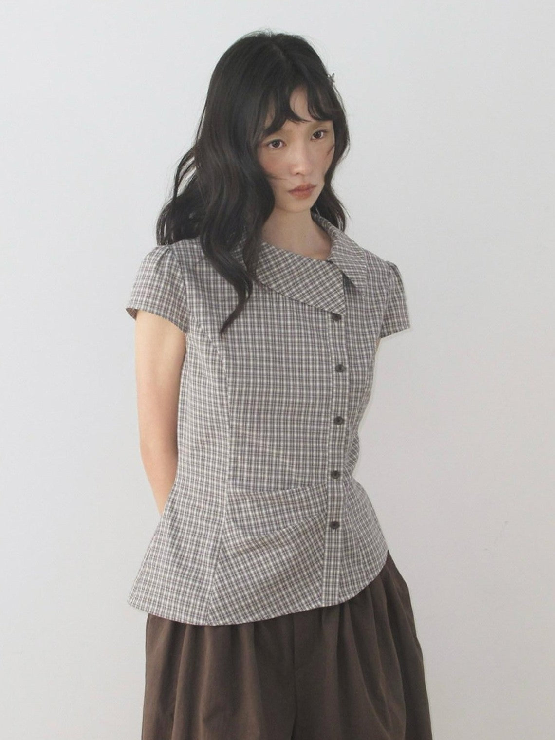 Dorydory Vintage Plaid Side Turnover Collar Women&