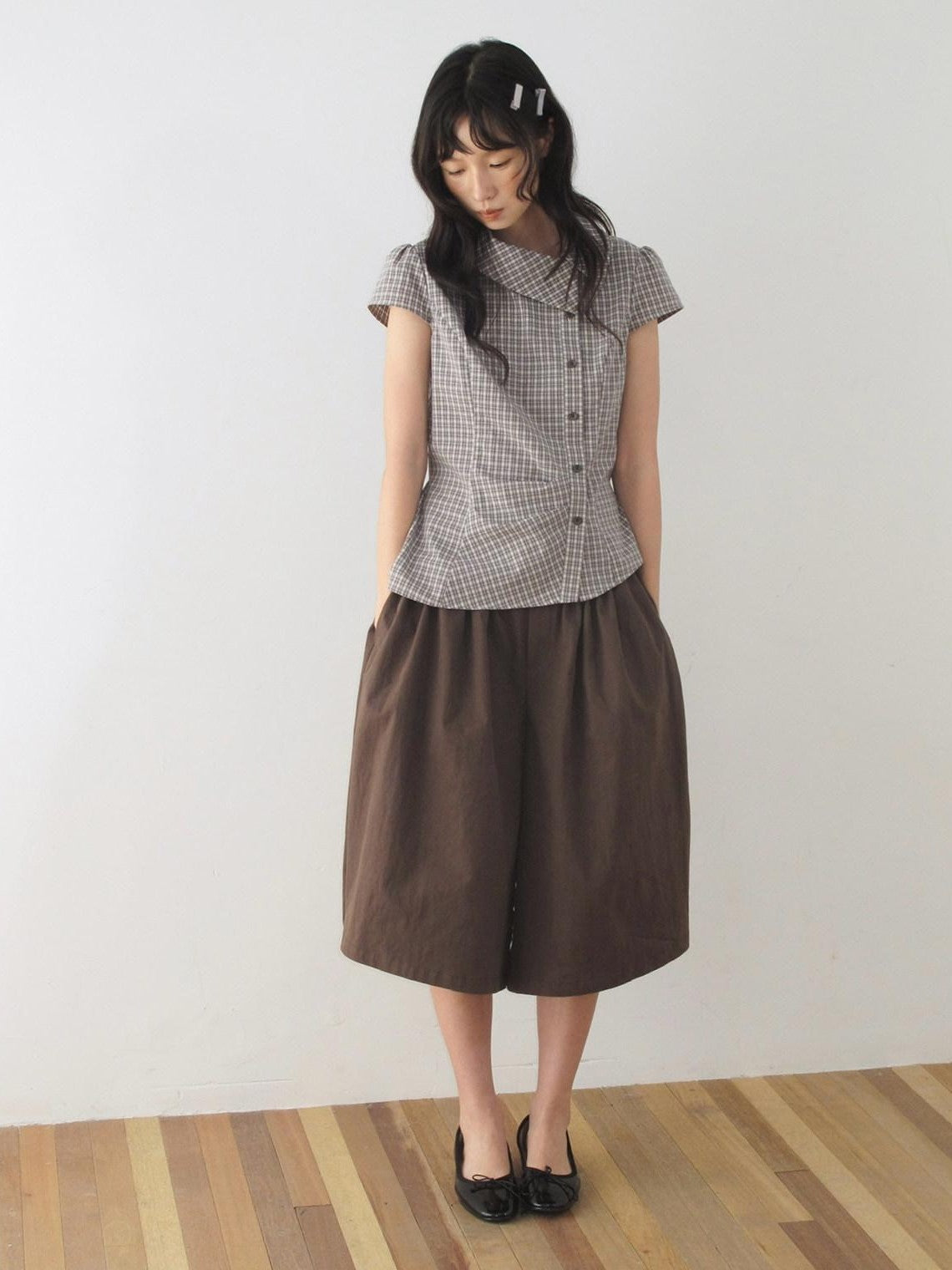 Dorydory Vintage Plaid Side Turnover Collar Women&