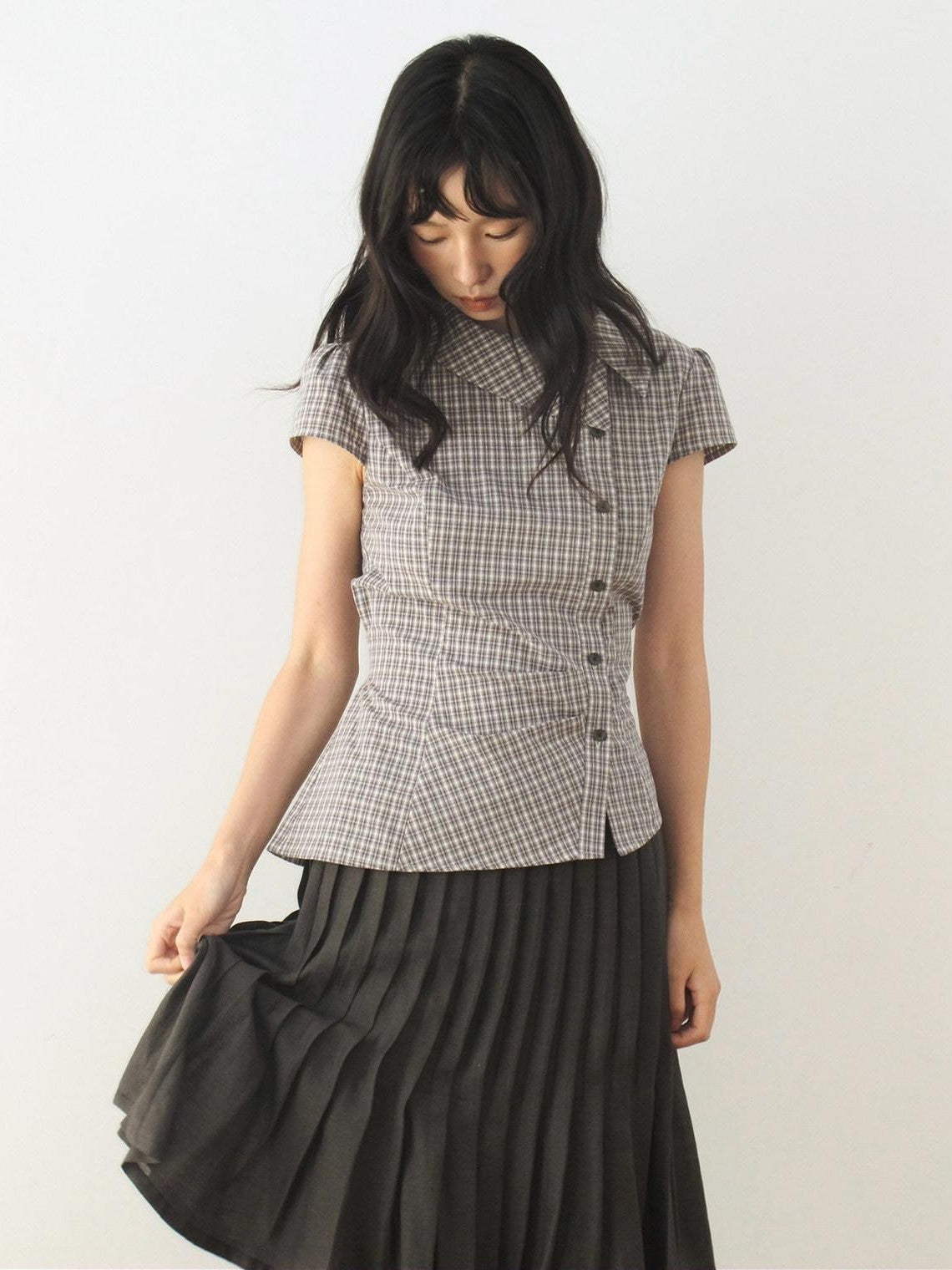 Dorydory Vintage Plaid Side Turnover Collar Women&