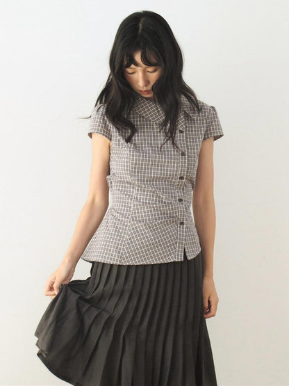 Dorydory Vintage Plaid Side Turnover Collar Women&