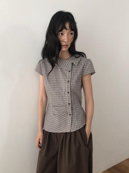 Dorydory Vintage Plaid Side Turnover Collar Women&