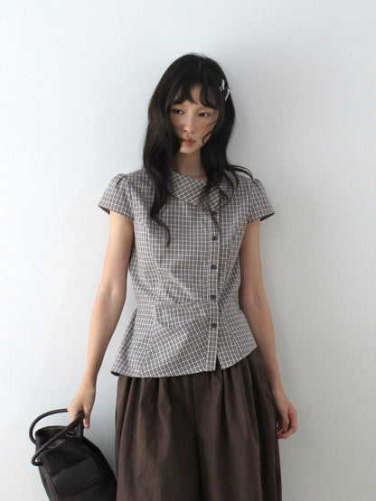 Dorydory Vintage Plaid Side Turnover Collar Women&