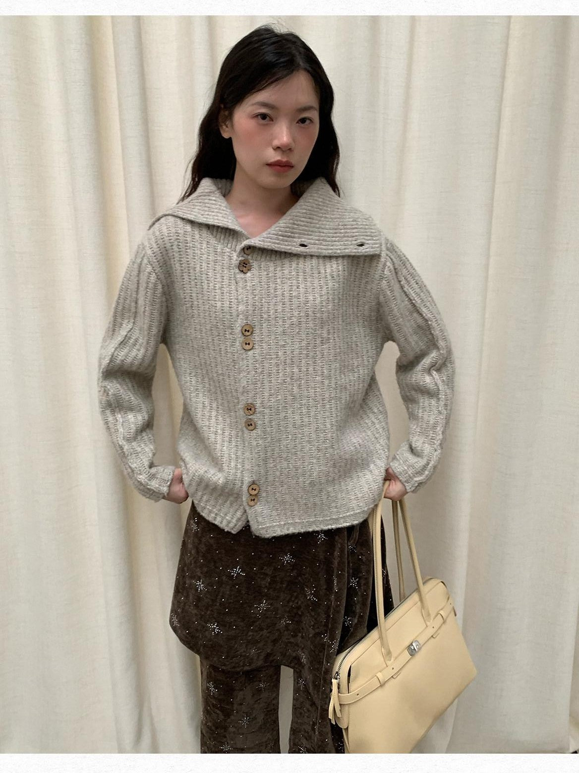 Dorydory Vintage Ribbed Lapel Speckled Single Breasted High Neck Women&