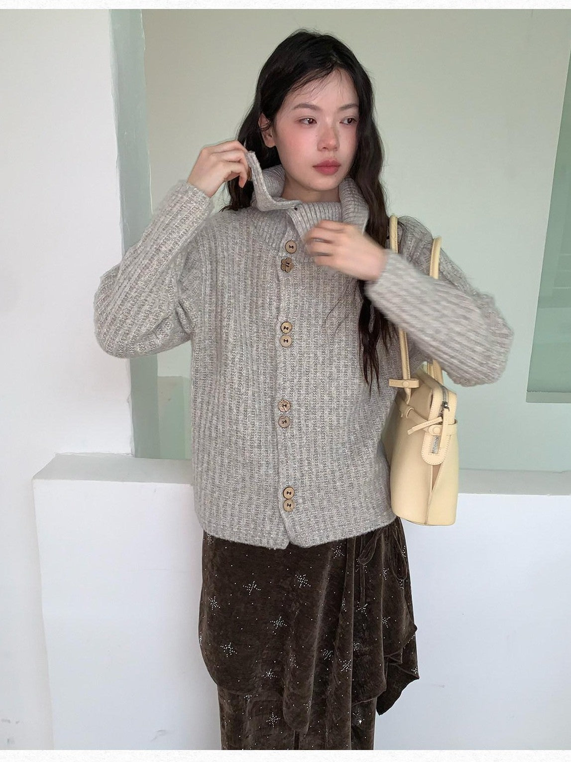 Dorydory Vintage Ribbed Lapel Speckled Single Breasted High Neck Women&