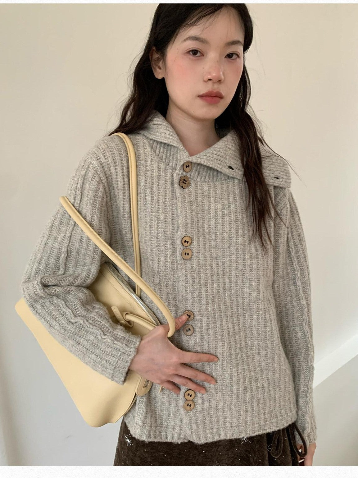 Dorydory Vintage Ribbed Lapel Speckled Single Breasted High Neck Women&