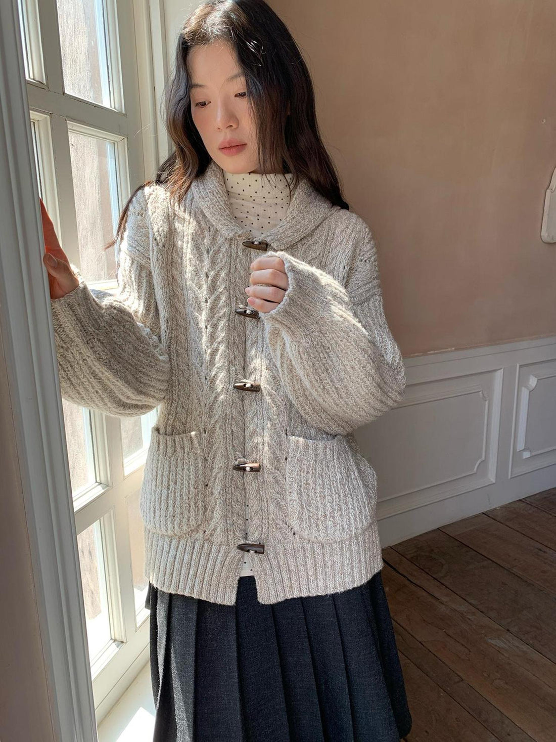 Dorydory Vintage Textured Cable Knit Cardigan With Horn Buttons