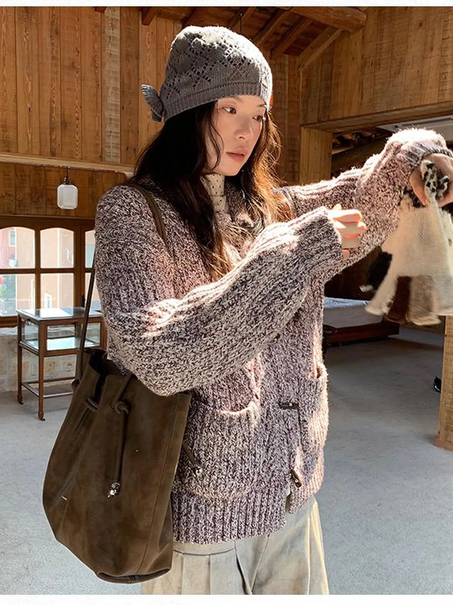 Vintage Textured Cable Knit Cardigan With Horn Buttons