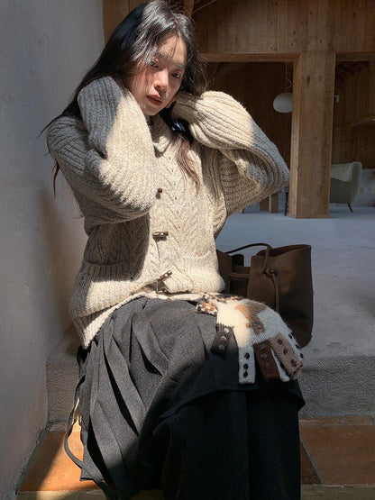 Dorydory Vintage Textured Cable Knit Cardigan With Horn Buttons
