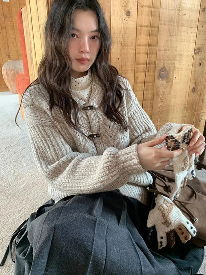 Vintage Textured Cable Knit Cardigan With Horn Buttons