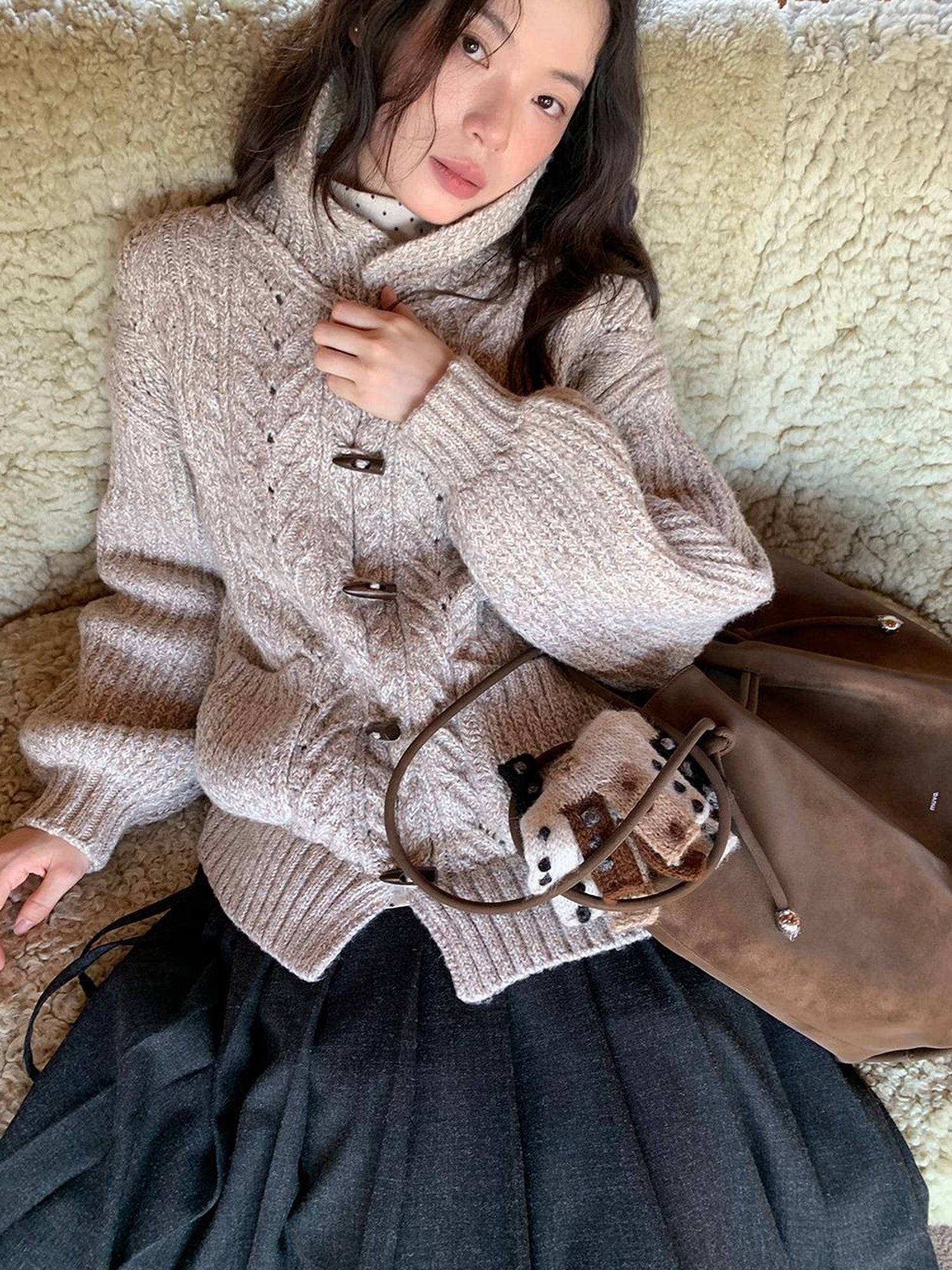 Dorydory Vintage Textured Cable Knit Cardigan With Horn Buttons