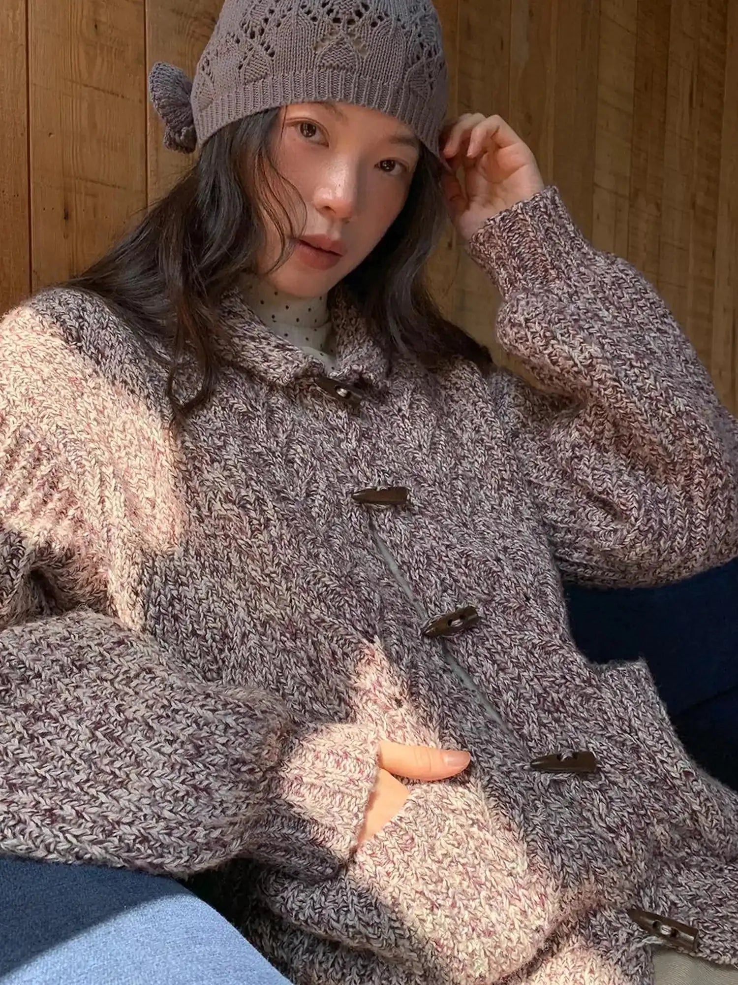 Vintage Textured Cable Knit Cardigan With Horn Buttons