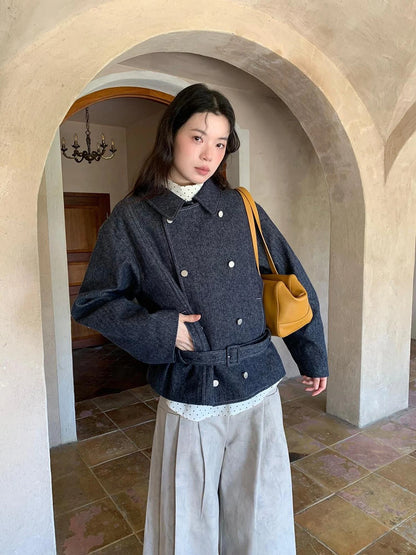 Vintage Washed Linen Denim Double Breasted Cropped Jacket