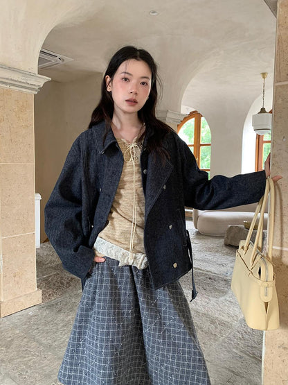 Dorydory Vintage Washed Linen Denim Double Breasted Cropped Jacket