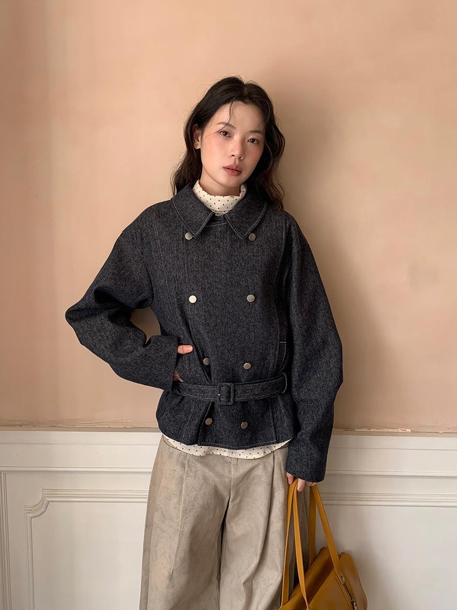 Dorydory Vintage Washed Linen Denim Double Breasted Cropped Jacket